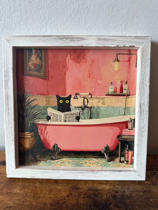 Other - Framed Wooden Cat in Pink Bathtub Cat w/ Newspaper Wall Art Home Bath Decor NWT